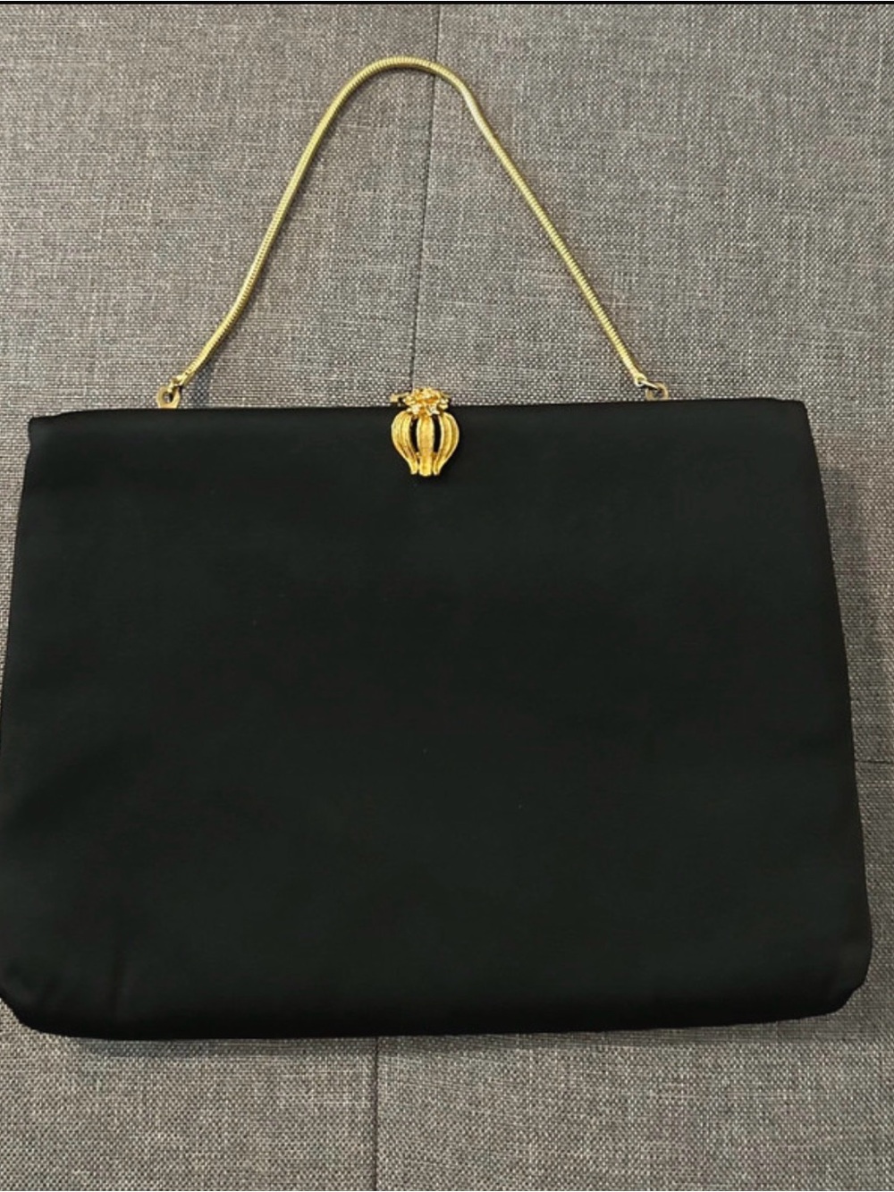 Classic Black Satin Clutch with Gold Chain Handle